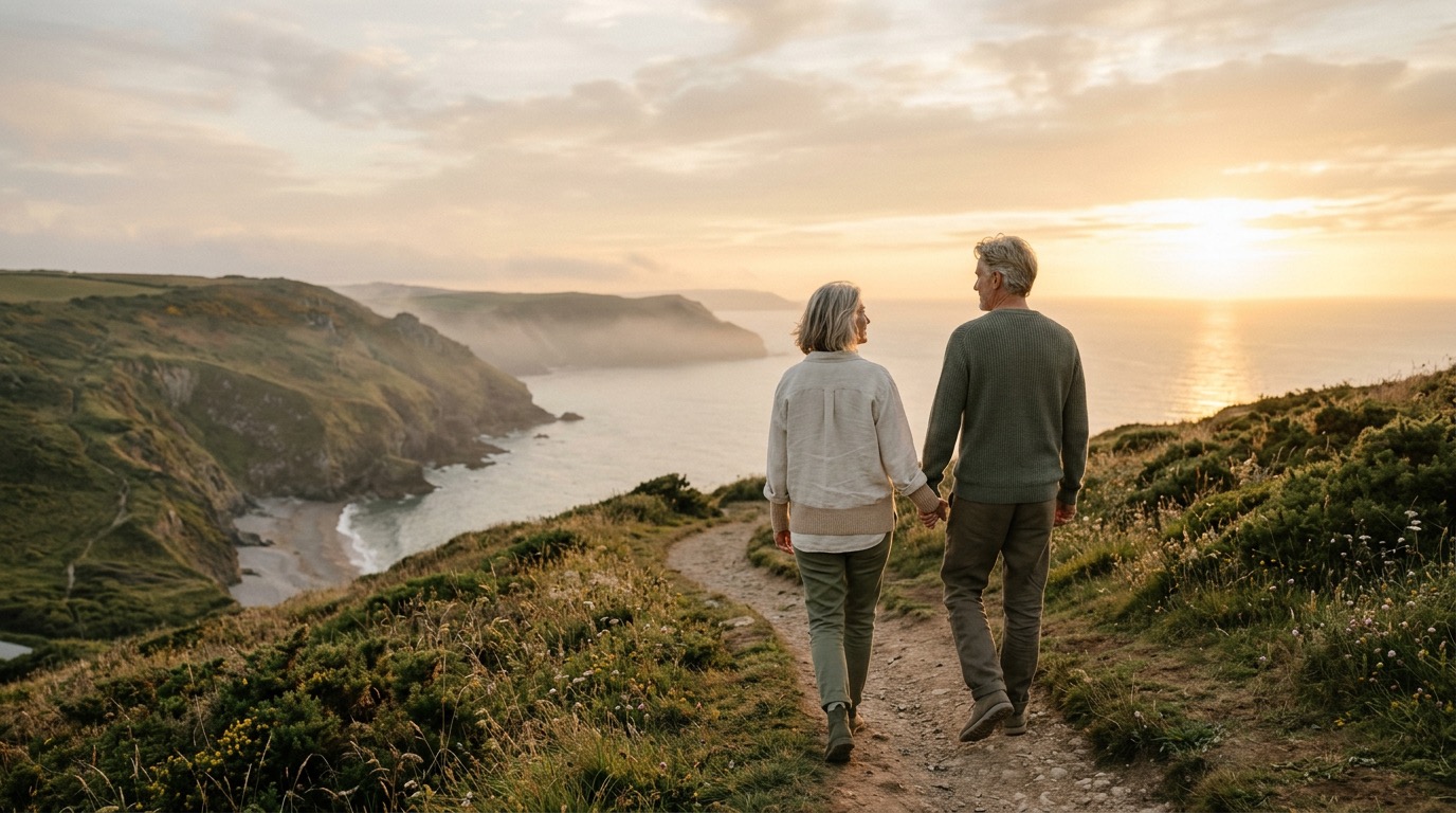 An older couple walking a coastal path at sunset